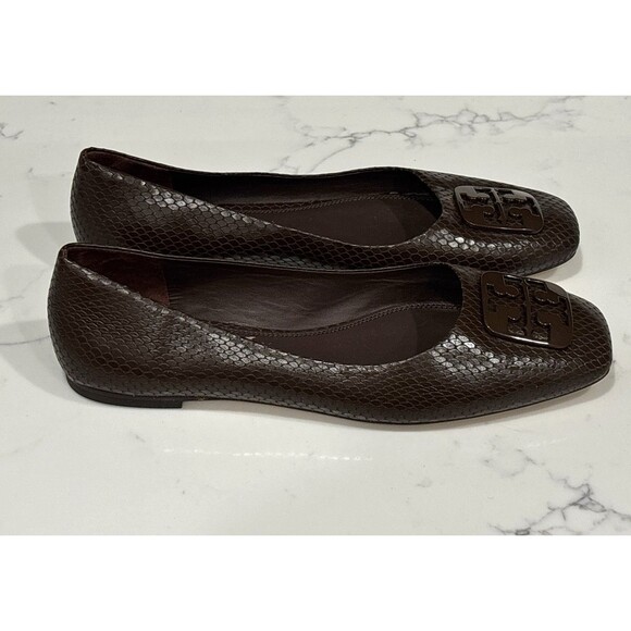 Tory Burch Ballet Flats 10.5 Georgia Square Toe Snakeskin Embossed Leather Brown - Picture 2 of 13